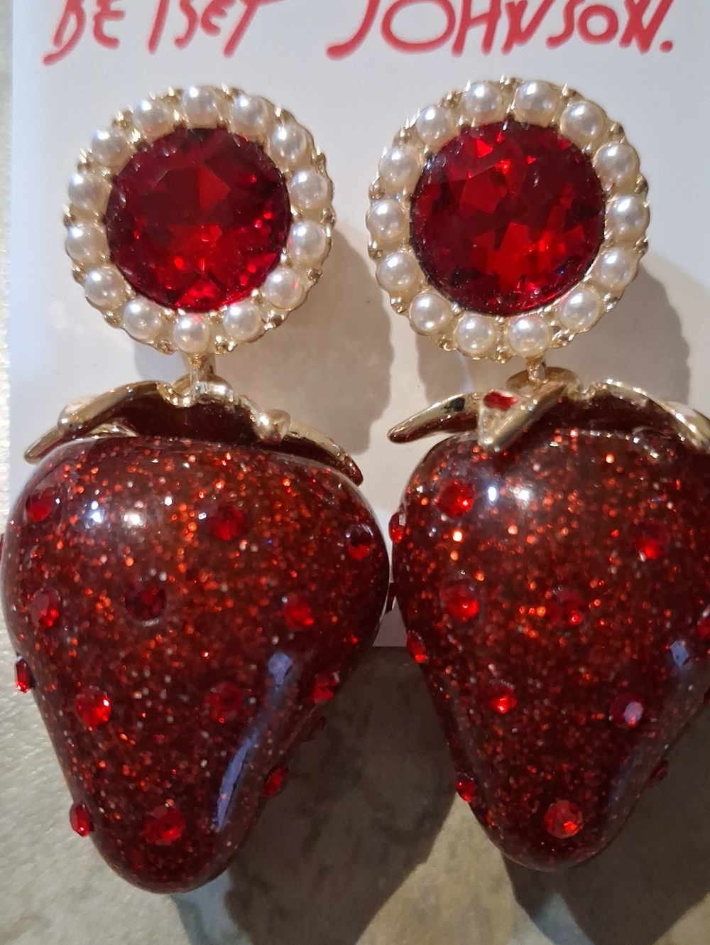 Betsey Johnson Red Glitter Strawberry Earrings - Picture 3 of 3